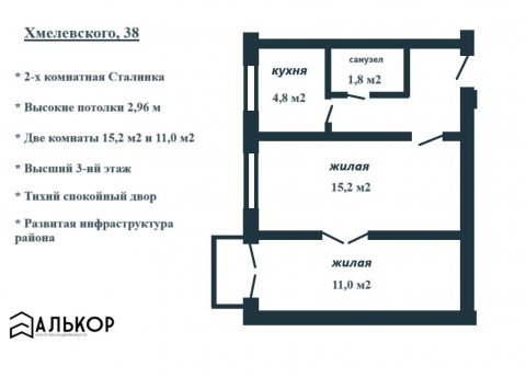 2-комнатная квартира по адресу Хмелевского ул., д. 38 - фото 1