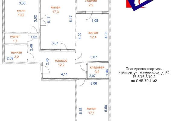 3-комнатная квартира по адресу Матусевича ул., д. 52 - фото 1