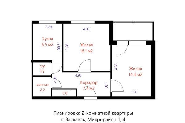 2-комнатная квартира по адресу Микрорайон 1 м-н, д. 4 - фото 14