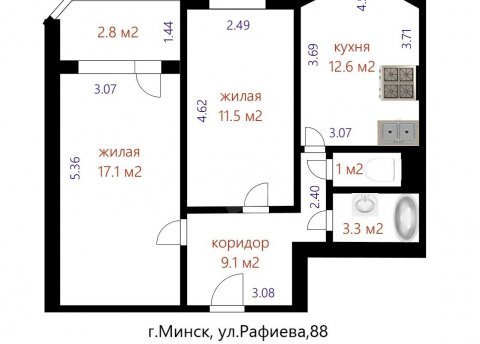 2-комнатная квартира по адресу Рафиева ул., д. 88 - фото 20